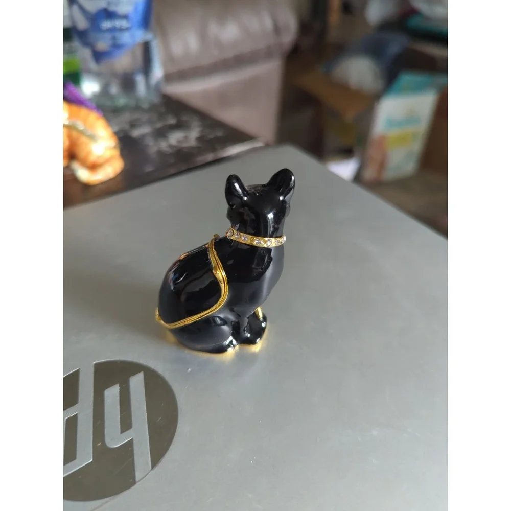 Black Cat Trinket Box Hinged Jeweled Collar Enameled  Heavy - Black Pink